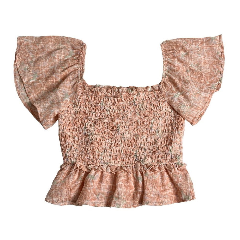ASTR The Label Top Womens M Clay Floral Smocked Crop Flutter Sleeve Coquette